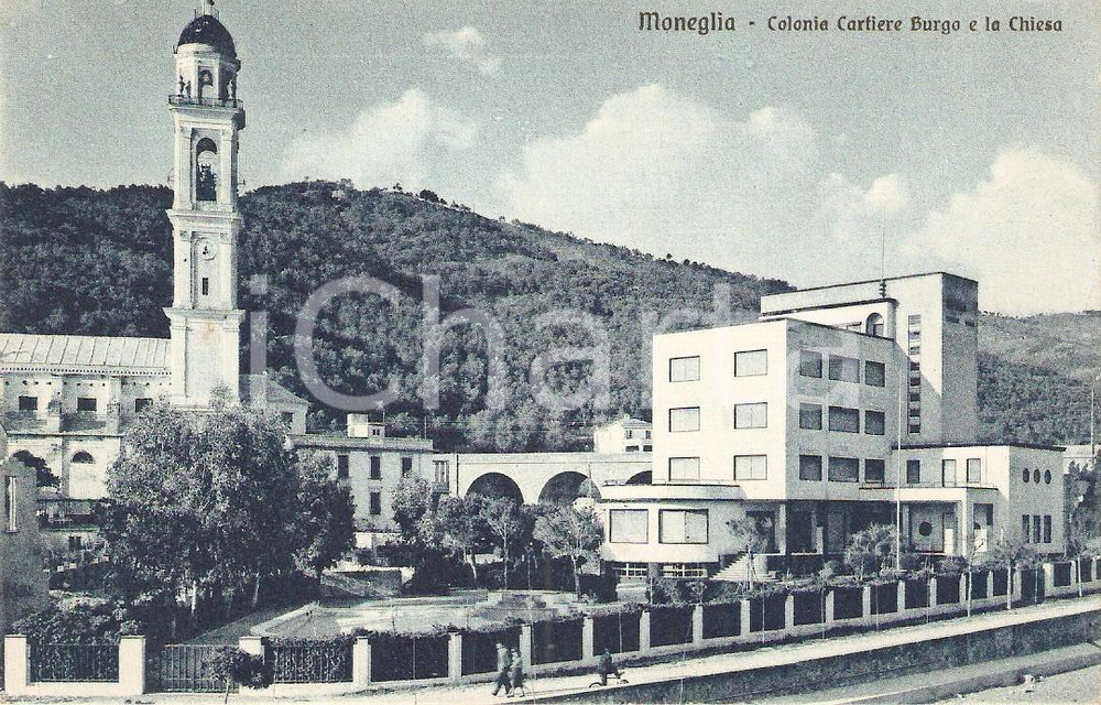 Cartolina originale da collezione 1950 MONEGLIA GE Colonia Cartiere BURGO e Chiesa SANTA CROCE Cartolina FP VG 1