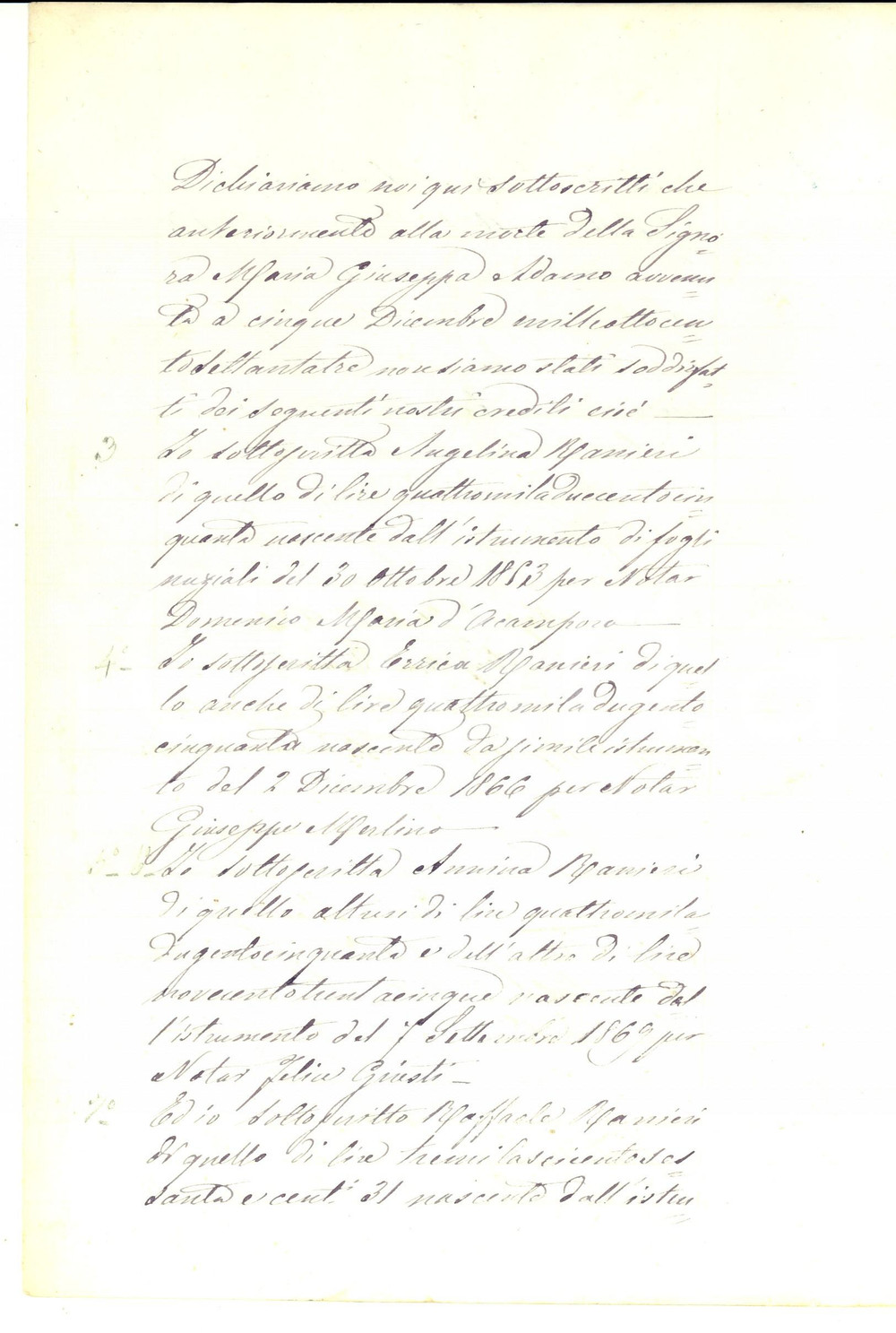Documento originale, autentico 1873 NAPOLI Crediti della famiglia RANIERI alla morte di Maria Giuseppa ADAMO 1