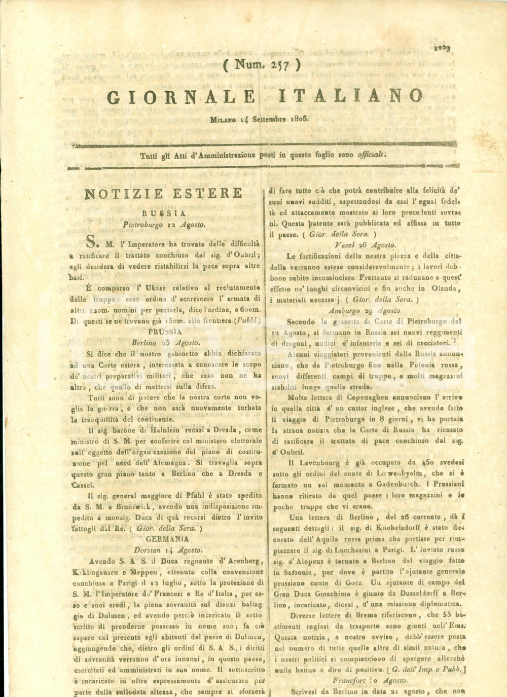 Documento originale, autentico 1806 MILANO Giornale Italiano Manovre guerra in EUROPA condanne a morte a NAPOLI 1