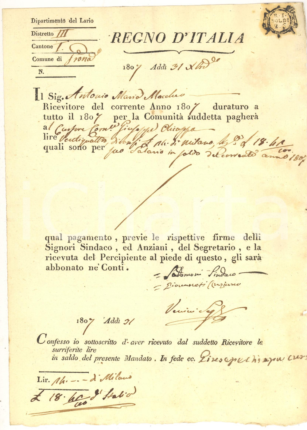 Documento originale, autentico 1807 GRONA (CO) Salario del cursore Giuseppe CHIAPPA 1