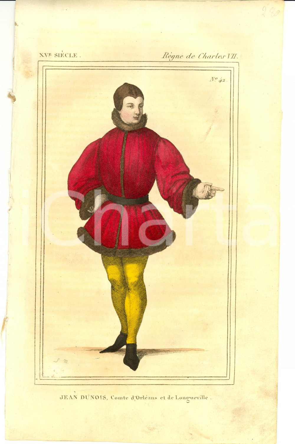Stampa, bozzetto originale 1852 COSTUME FRANCAIS Jean DUNOIS comte d ORLEANS 1