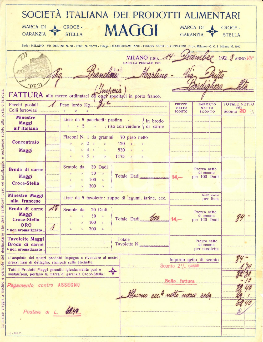 Documento originale, autentico 1928 MILANO SocietÃ  anonima MAGGI  Prodotti alimentari Fattura intestata 1