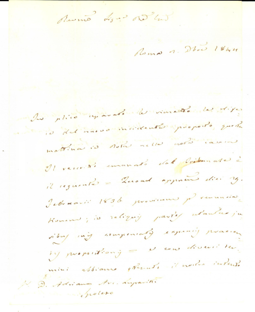 Manoscritto, lettera originale 1844 ROMA Giovanni DE ROMANI sul rescritto emanato dal tribunale Lettera 1