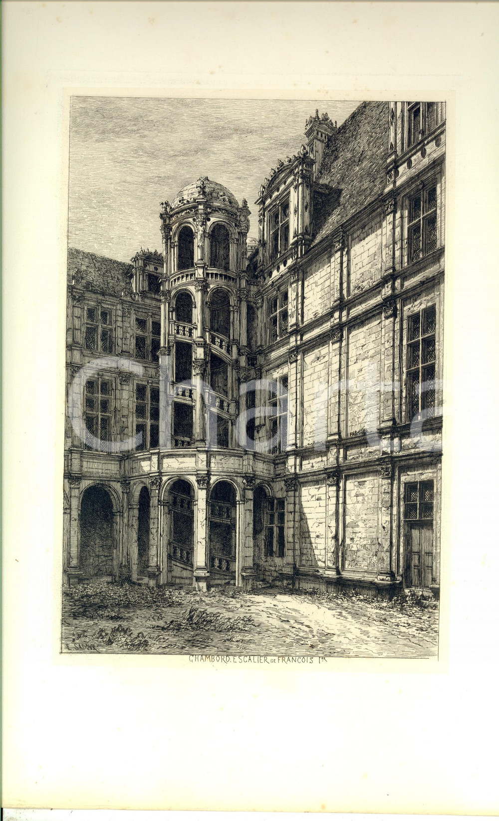 Stampa, bozzetto originale 1909 PARIS Vieilles murailles de France CHAMBORD Escalier FranÃ§ois I *E. SADOUX 1