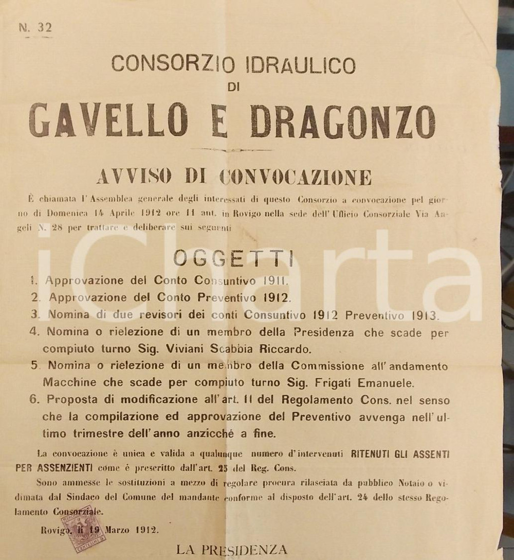 Documento originale, autentico 1912 ROVIGO Consorzio GAVELLO E DRAGONZIO Nomine Commissione Macchine *Manifesto 1