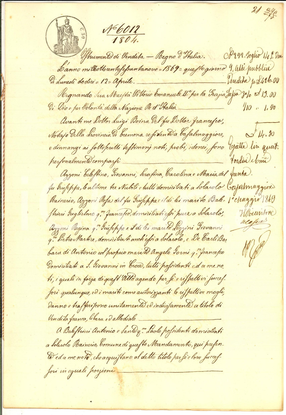 Documento originale, autentico 1869 SOLAROLO RAINERIO Fratelli AZZONI vendono terreno ad Antonio BALESTRIERI 1