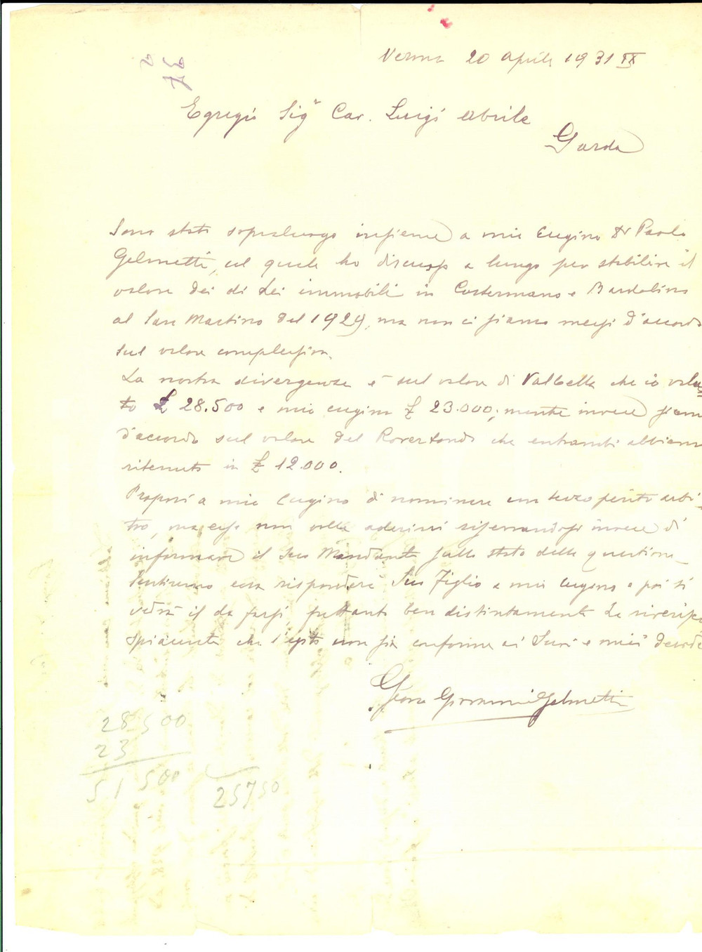 Manoscritto, lettera originale 1931 VERONA Geom. Giovanni GELMETTI su immobili di Luigi Abrile *Lettera 1