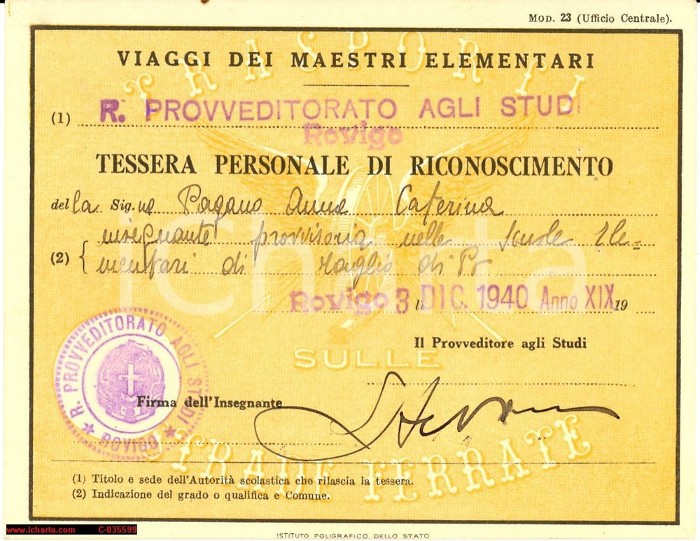 Oggetto da collezione cartaceo 1940 FERROVIE DELLO STATO Viaggi maestri elementar 1