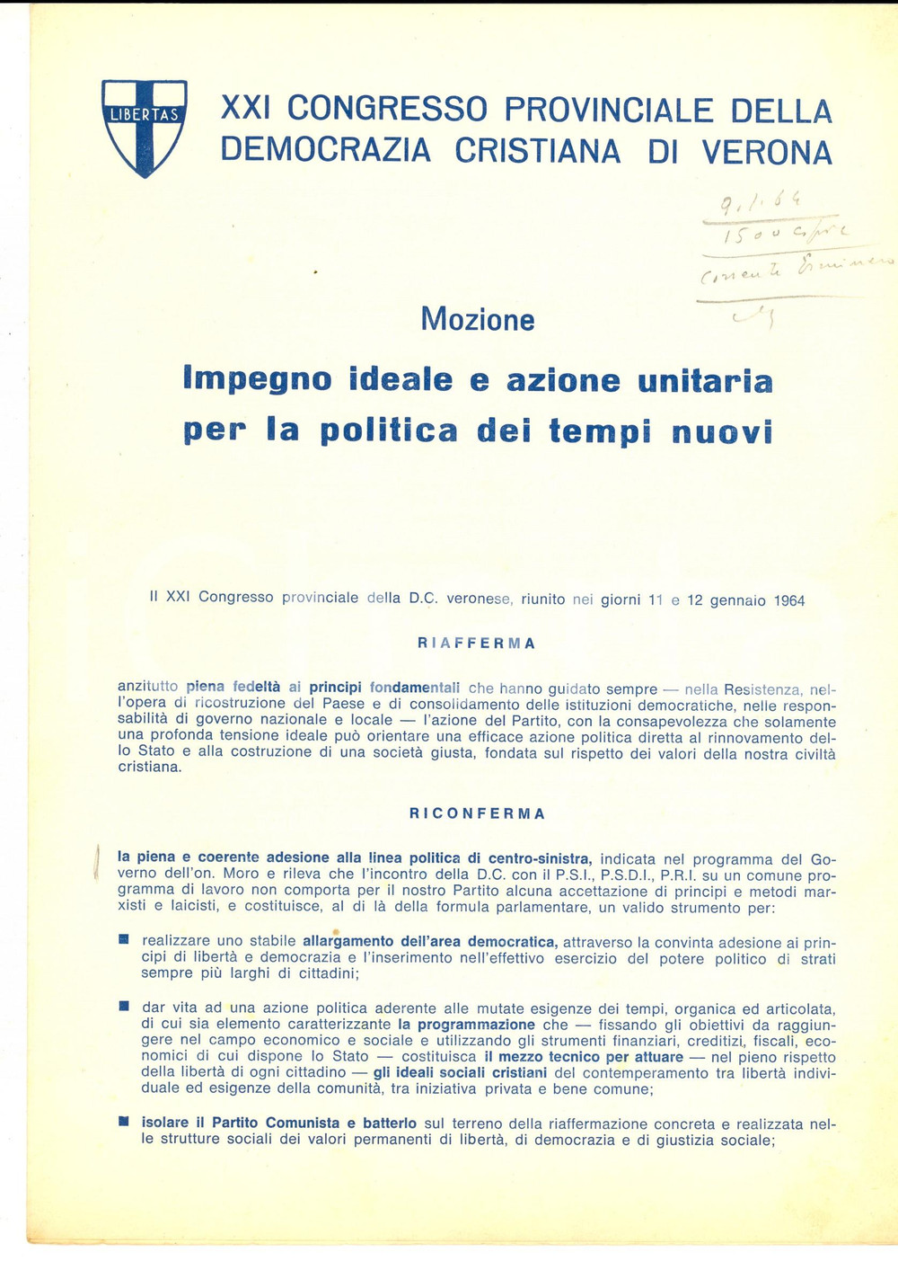 Materiale pubblicitario d’epoca 1964 VERONA XXI Congresso Provinciale DC  Impegno ideale e azione unitaria 1
