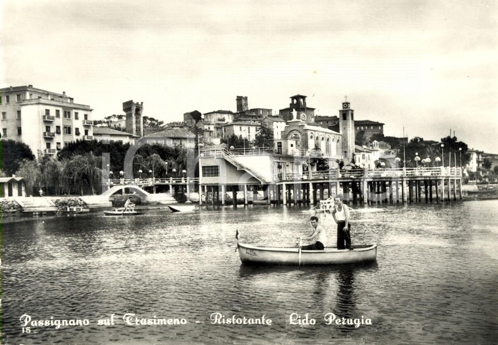 Cartolina originale da collezione 1950 ca PASSIGNANO SUL TRASIMENO Ristorante LIDO PERUGIA *ANIMATA con barche NV 1