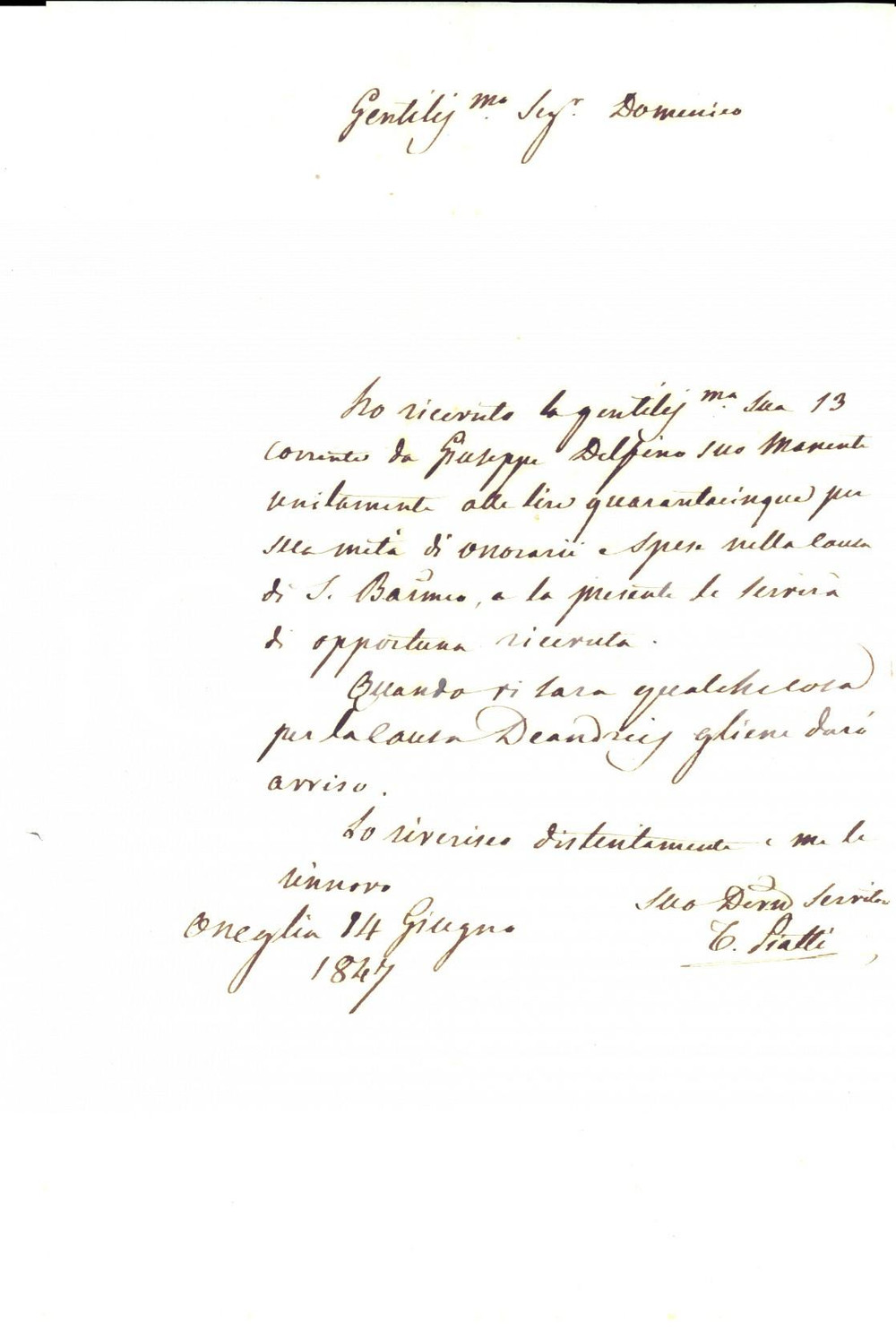 Manoscritto, lettera originale 1847 ONEGLIA Lettera avvocato Tommaso PIATTI per ricevuta del proprio onorario 1