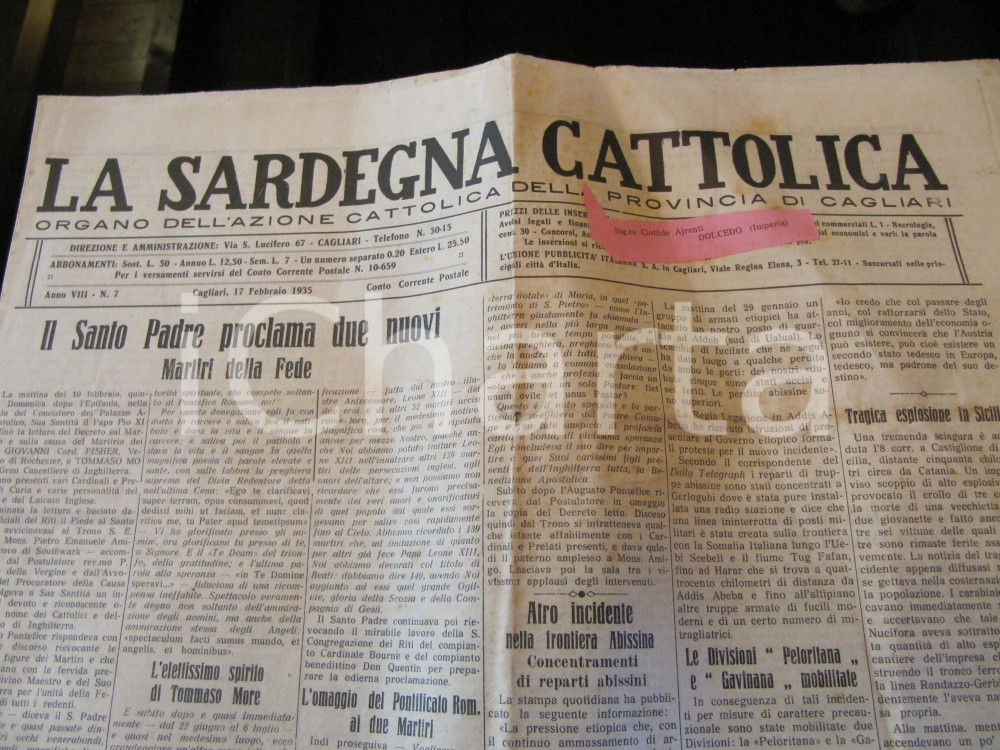 Giornale, rivista storica 1935 CAGLIARI Giornale SARDEGNA CATTOLICA Feste per Santa Luisa di MARILLAC 1