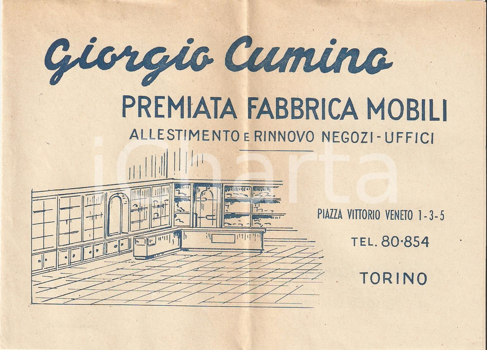Oggetto da collezione cartaceo 1950 ca TORINO Premiata fabbrica mobili Giorgio CUMINO 1