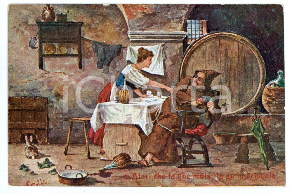 1900 ca HUMOUR - FRATI Afari che la ghe mola, la ga la briscola - Cartolina  Cartolina d'epoca, non viaggiata.ILLUSTRATORE: G. Gabbio FAIR/discreto Lievi mussature agli angoli Formato: FP originale e autentica 1