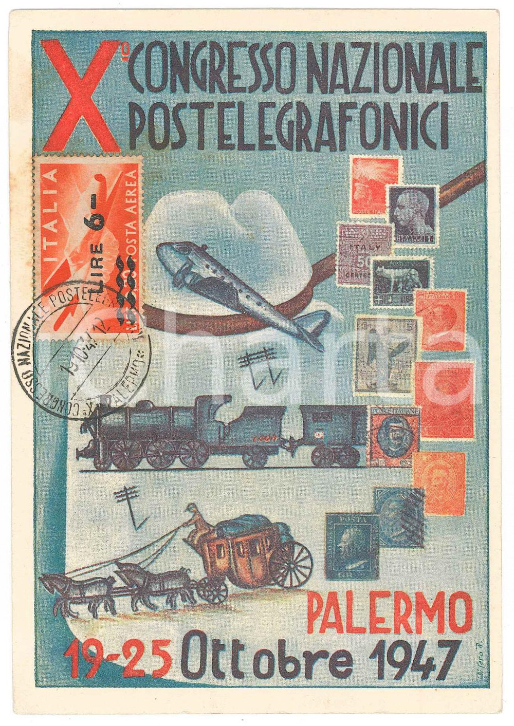 1947 PALERMO X Congresso Nazionale Postelegrafonici - Cartolina Cartolina postale d'epoca, con annullo primo giorno. GOOD/buono  Formato: 15x10 cm originale e autentica 1