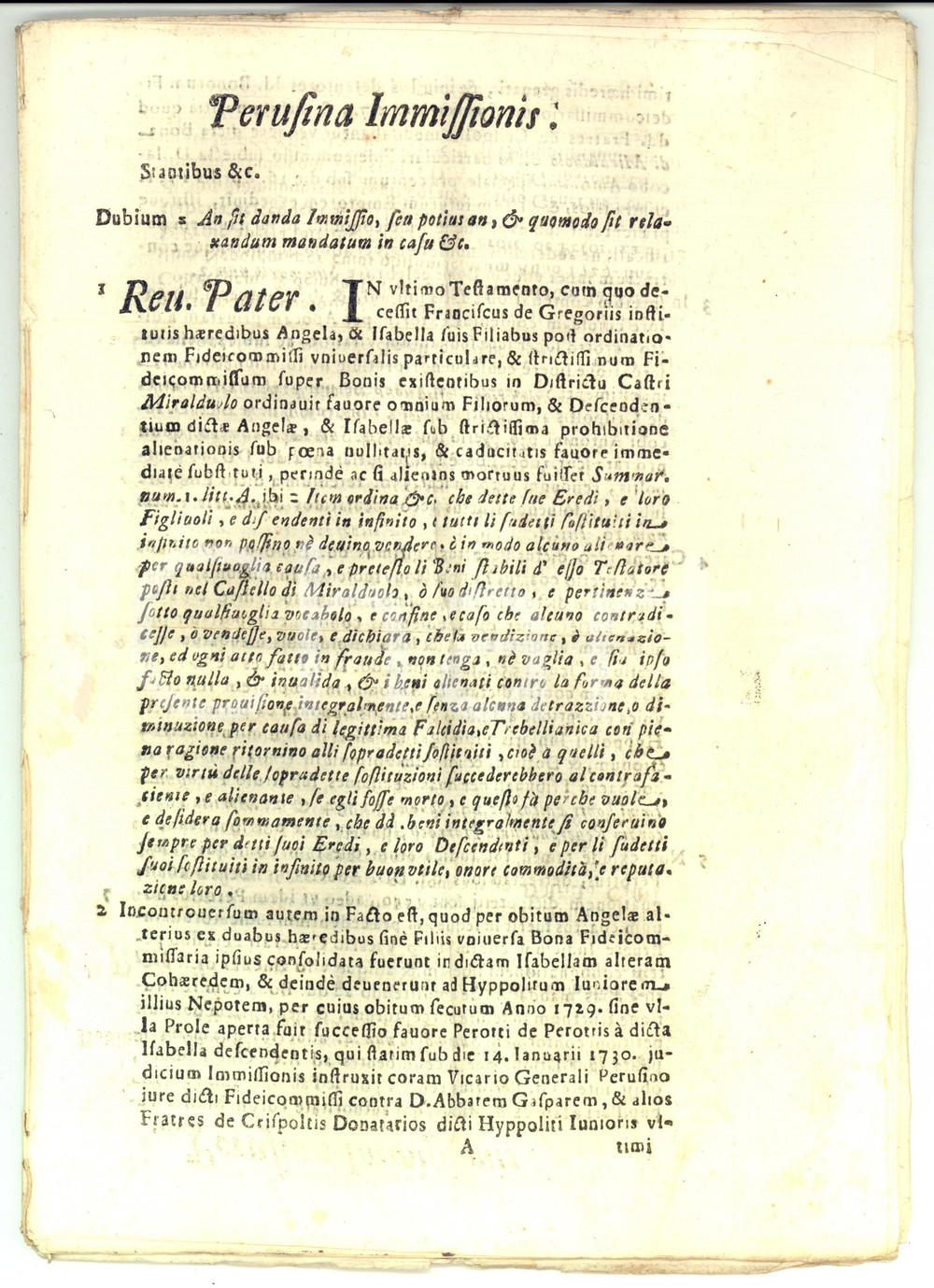 Documento originale, autentico 1740 MIRALDUOLO PG Lite PEROTTI vs CRISPOLTI per fedecommesso DE GREGORI 1