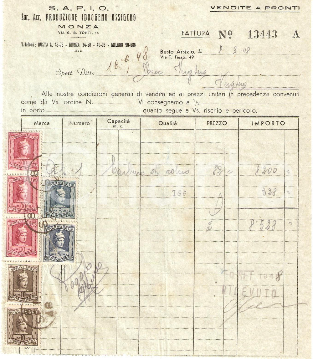 Manoscritto, lettera originale 1948 BUSTO ARSIZIO VA SocietÃ  SAPIO Produzione idrogreno ossigeno Fattura 1