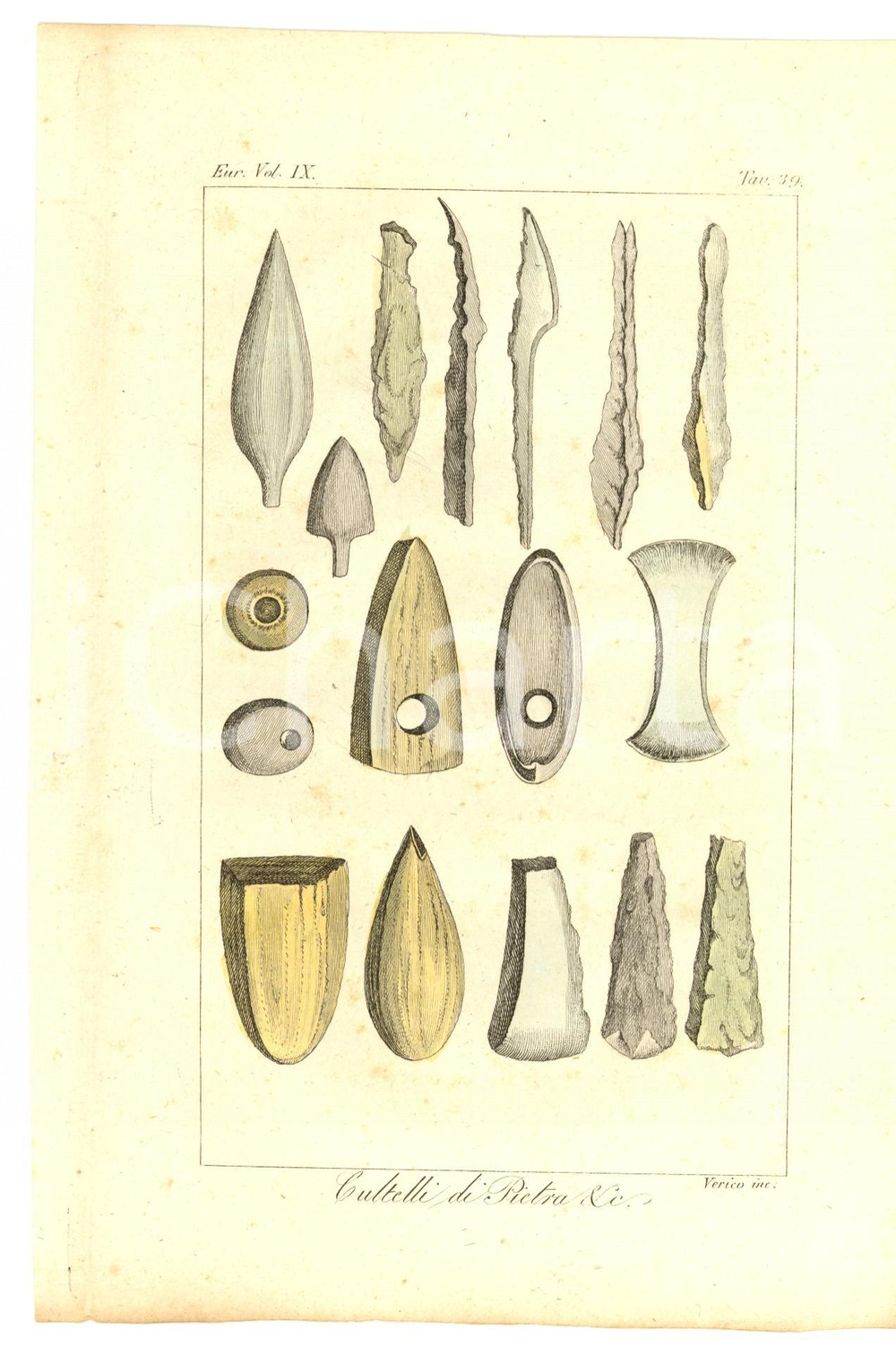 Stampa, bozzetto originale 1829 ANTICHI GERMANI Coltelli di pietra Incisione VERICO 1