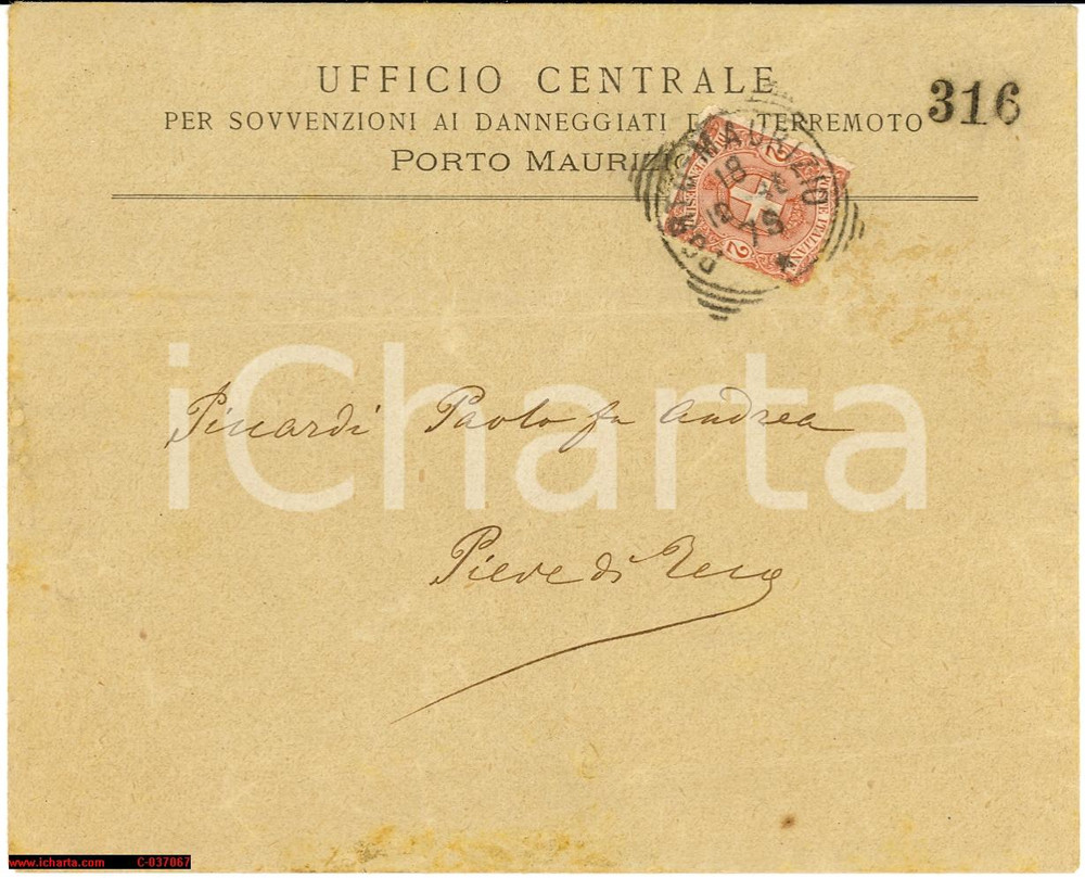 Documento originale, autentico 1879 PORTO MAURIZIO Danneggiati terremoto BUSTA 1