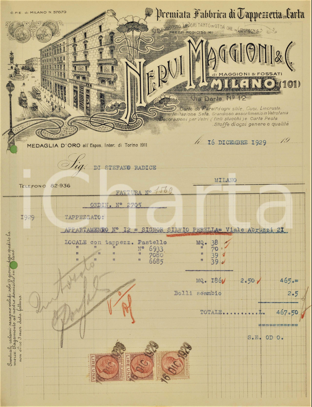 Documento originale, autentico 1929 MILANO Via Dante 12 Fabbrica NERVI MAGGIONI & C. Carte da parati  Fattura 1