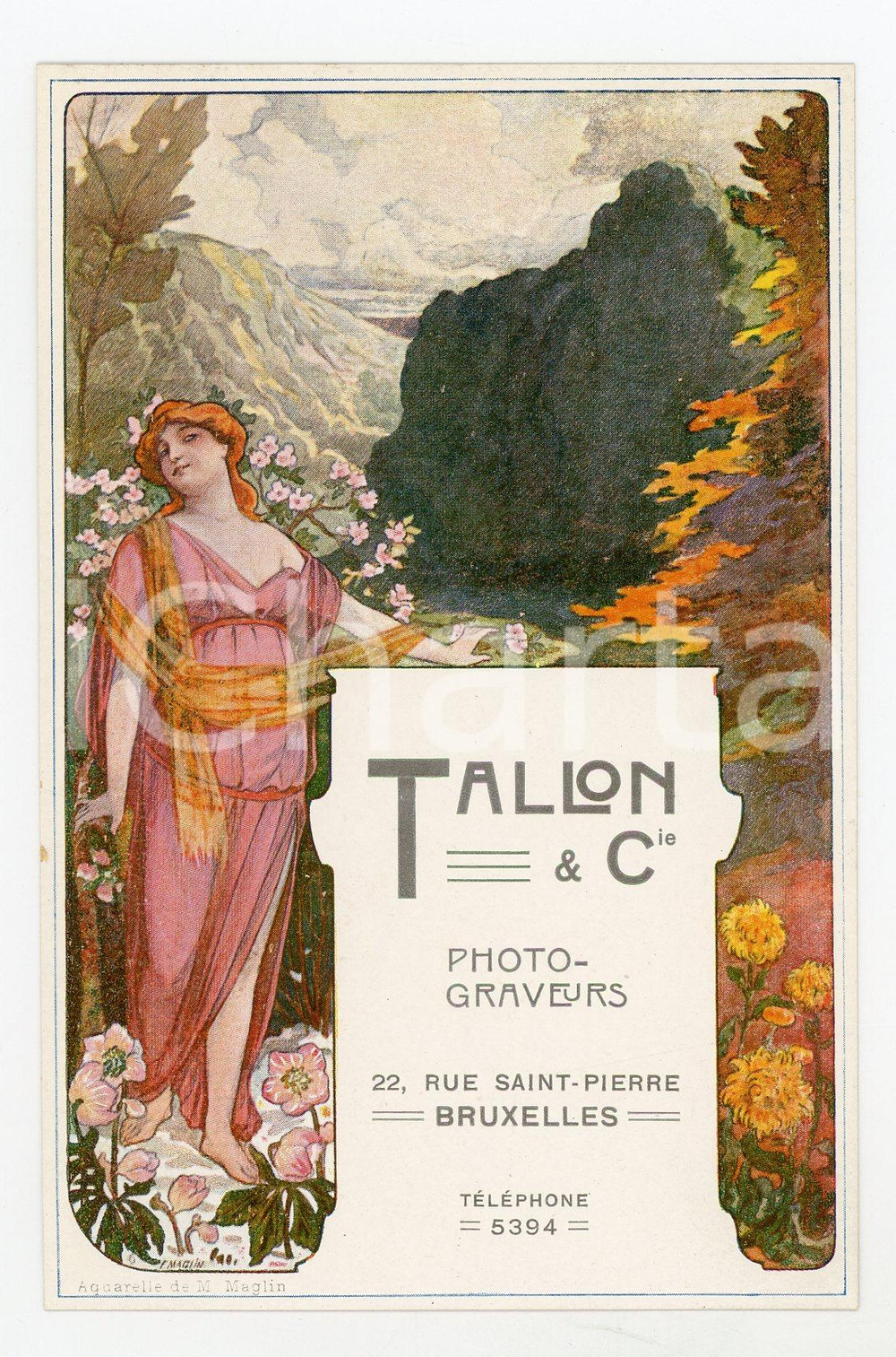 1910 ca ART DECO  BRUXELLES Photo-graveurs TALLON - Carte publicitaire MAGLIN  Cartoncino pubblicitario d'epoca, con illustrazione da acquerello di Firmin Maglin.CONDIZIONI: FAIR (residui cartacei al verso)FORMATO: 9x14 cm    originale e autentica 1