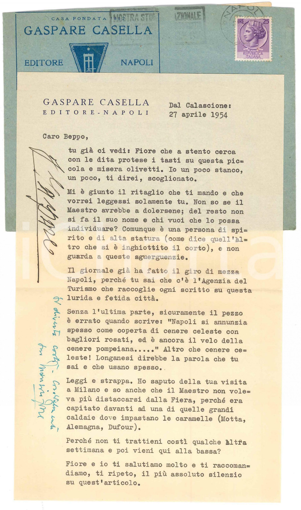 Autografo originale 1954 NAPOLI Gaspare CASELLA su articolo di Benso Becca  Lettera Autografo 1