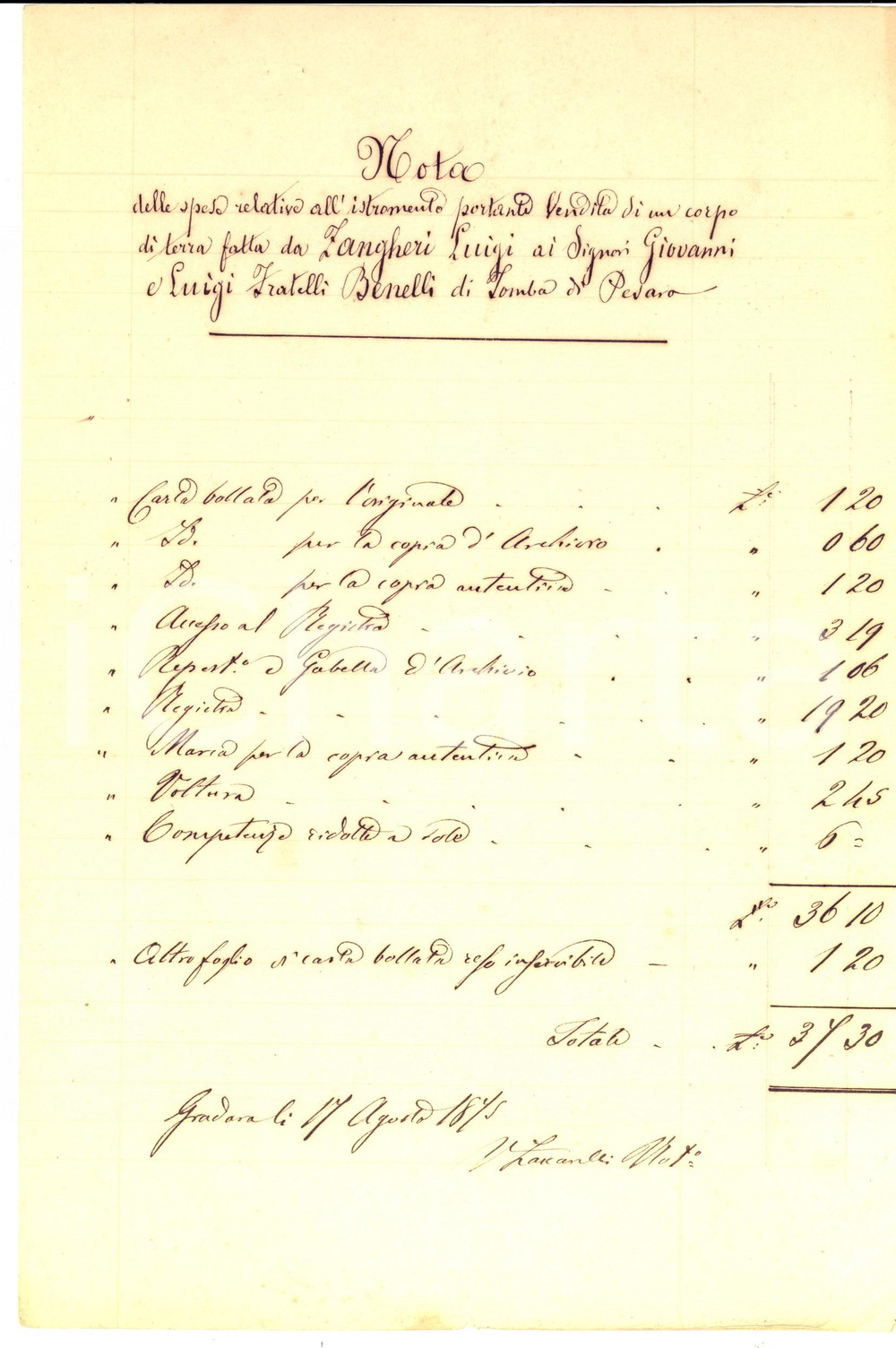 Documento originale, autentico 1875 GRADARA PU Conto spese notaio Venanzio ZACCARELLI per compravendita 1