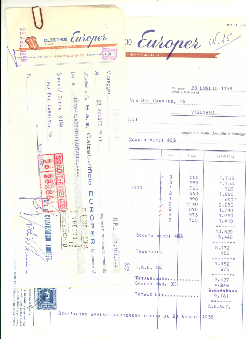 Documento originale, autentico 1958 VIGEVANO PV Calzaturificio EUROPER Fattura e cambiale pubblicitaria 1