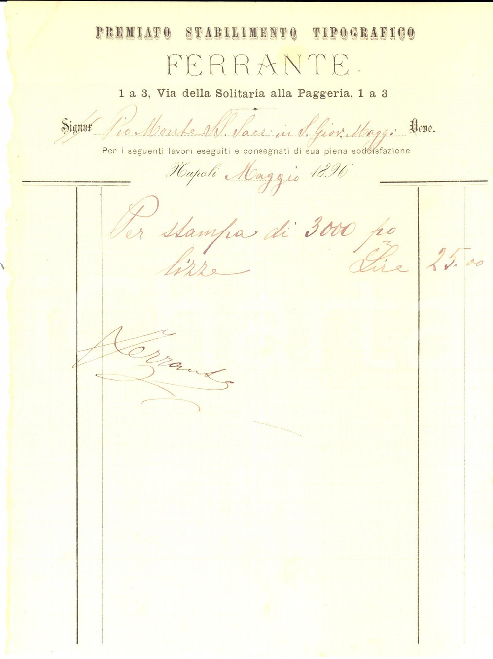 Documento originale, autentico 1896 NAPOLI Premiato stabilimento tipografico FERRANTE  Fattura stampa polizze 1