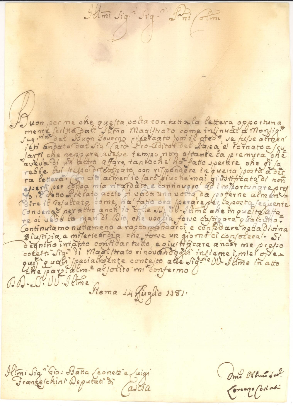 Manoscritto, lettera originale 1781 ROMA Avvocato Lorenzo CORINTI importuna cardinale 1
