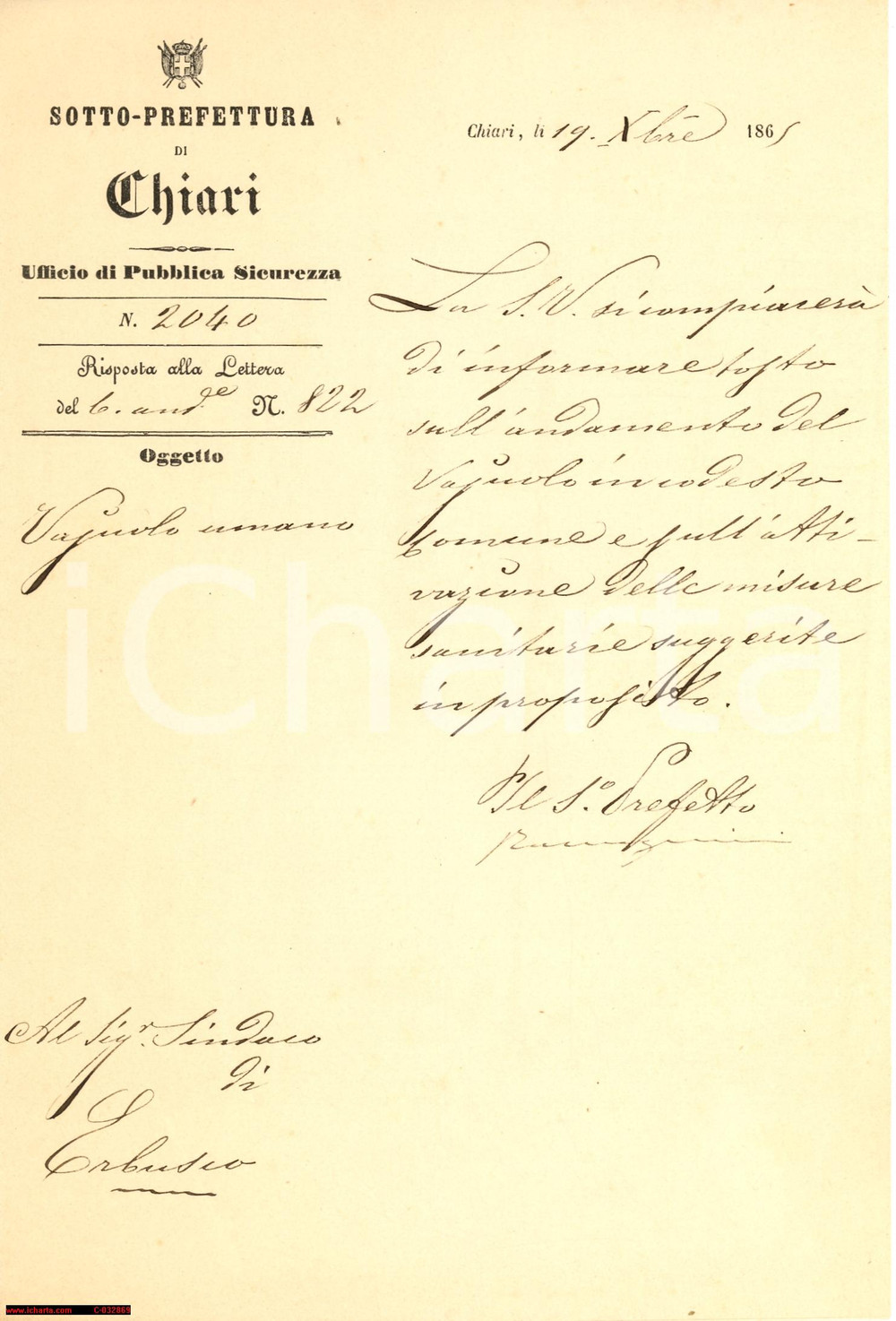 Documento originale, autentico 1865 ERBUSCO (BS) Vaiolo umano - manoscritto 1