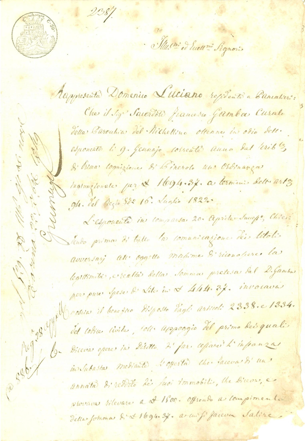 Documento originale, autentico 1849 NICHELINO TO Parroco Francesco GAMBA vs Domenico LUCIANO DANNEGGIATO 1