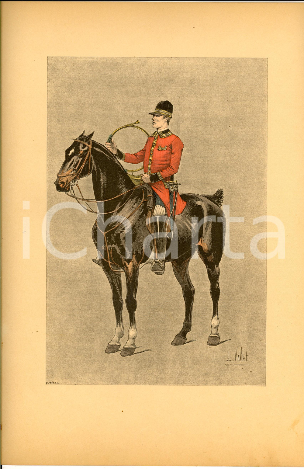 Stampa, bozzetto originale 1890 L. VALLET Le chic Ã  cheval  Un chasseur Lithographie 25x33 cm 1