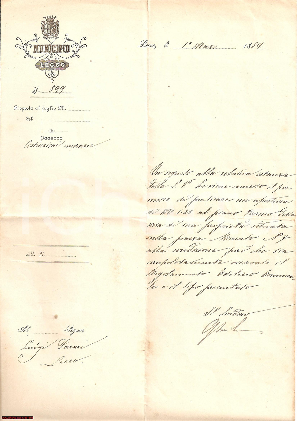 Documento originale, autentico 1889 LECCO Autorizzazione edilizia   Autografo Sindaco Guido Ghislanzoni 1