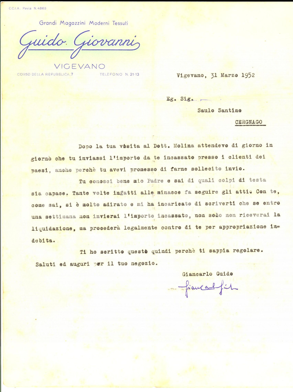 Manoscritto, lettera originale 1952 VIGEVANO PV Ditta tessuti Giovanni GUIDO chiede il recupero di un credito 1