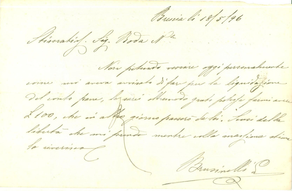 Documento originale, autentico 1896 BRESCIA Richiesta di prestito a Giuseppe ROTA Lettera manoscritta 1