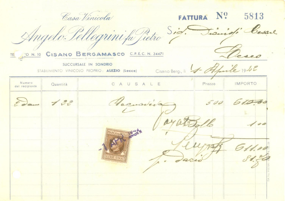 Documento originale, autentico 1942 CISANO BERGAMASCO Casa Vinicola Angelo PELLEGRINI fu Pietro Fattura 1