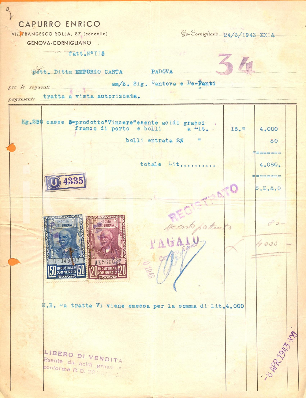 Documento originale, autentico 1943 GENOVA CORNIGLIANO Enrico CAPURRO vendita prodotto VINCERE Fattura 1