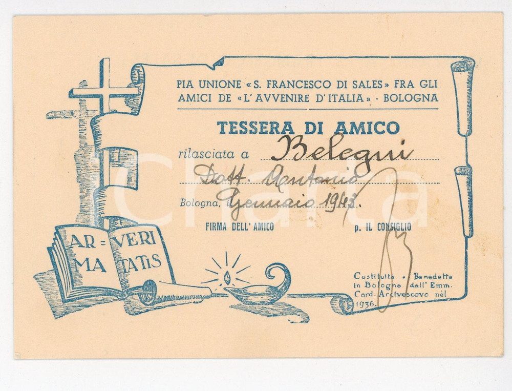 Oggetto da collezione cartaceo 1943 BOLOGNA Tessera Pia Unione S.Francesco di Sales Amici Avvenire d Italia 1
