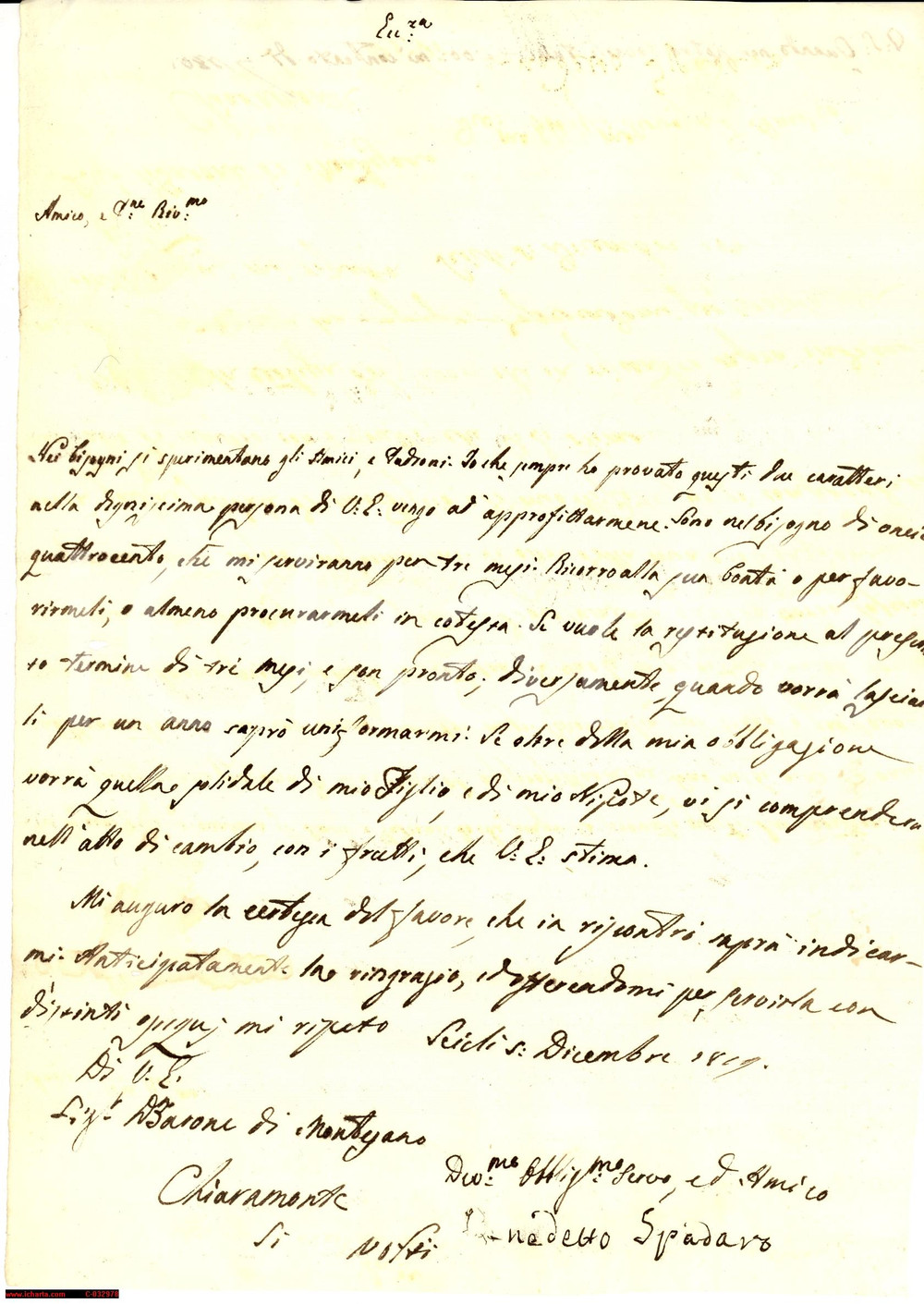 Manoscritto, lettera originale 1819 SCICLI RG Barone Benedetto SPADARO chiede prestito a un amico Lettera 1