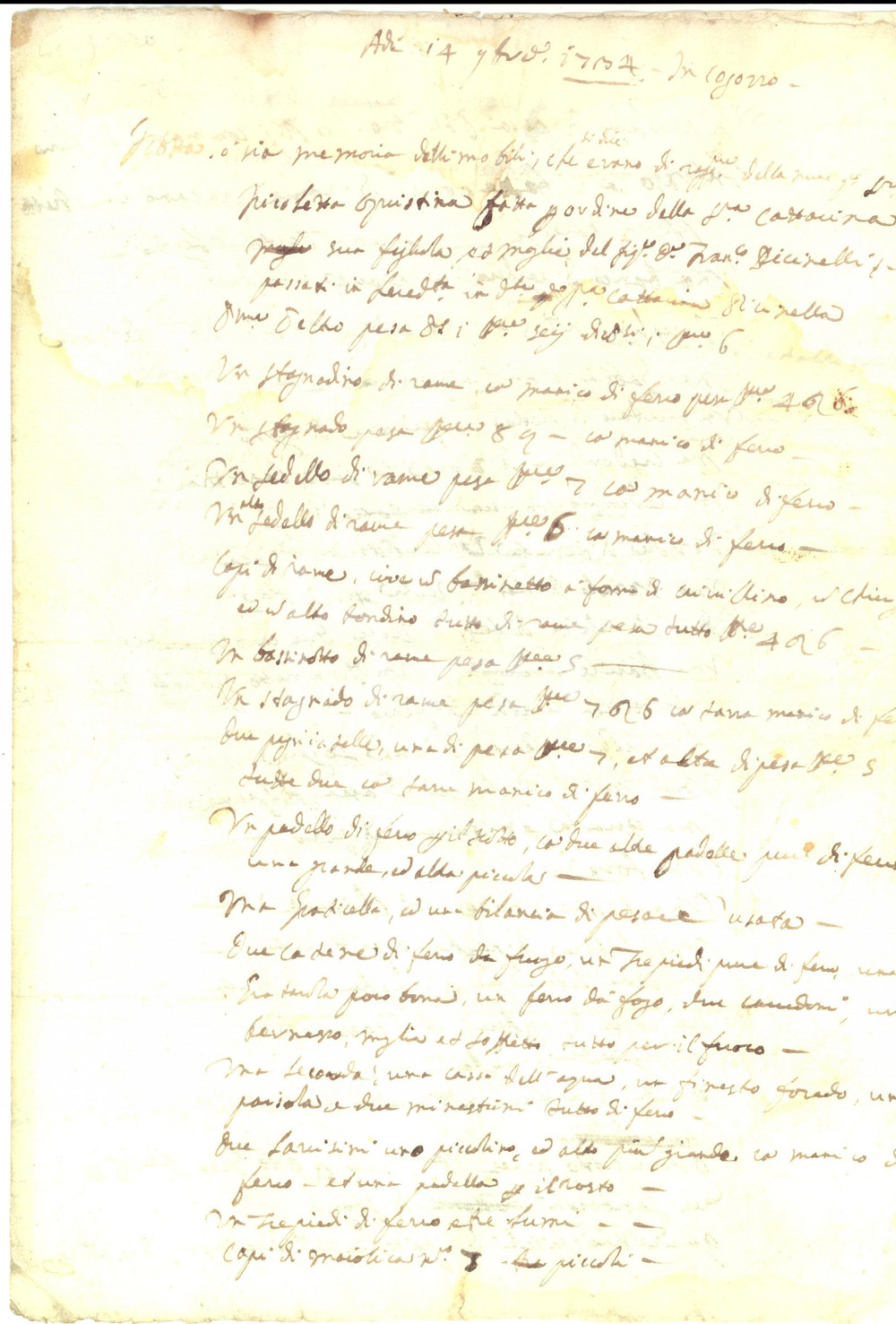 Documento originale, autentico 1734 COGOZZO BS Stoviglie e vesti ereditate da Caterina PICINELLI Inventario 1