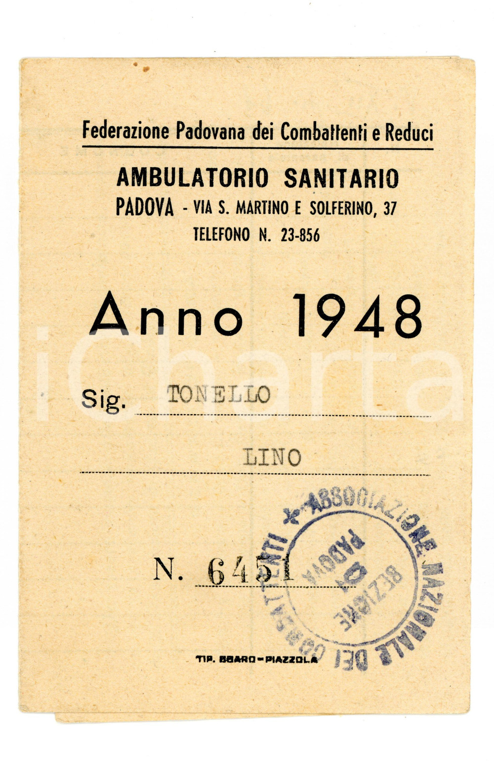 Oggetto da collezione cartaceo 1948 PADOVA Ambulatorio sanitario combattenti e reduci Tessera 1