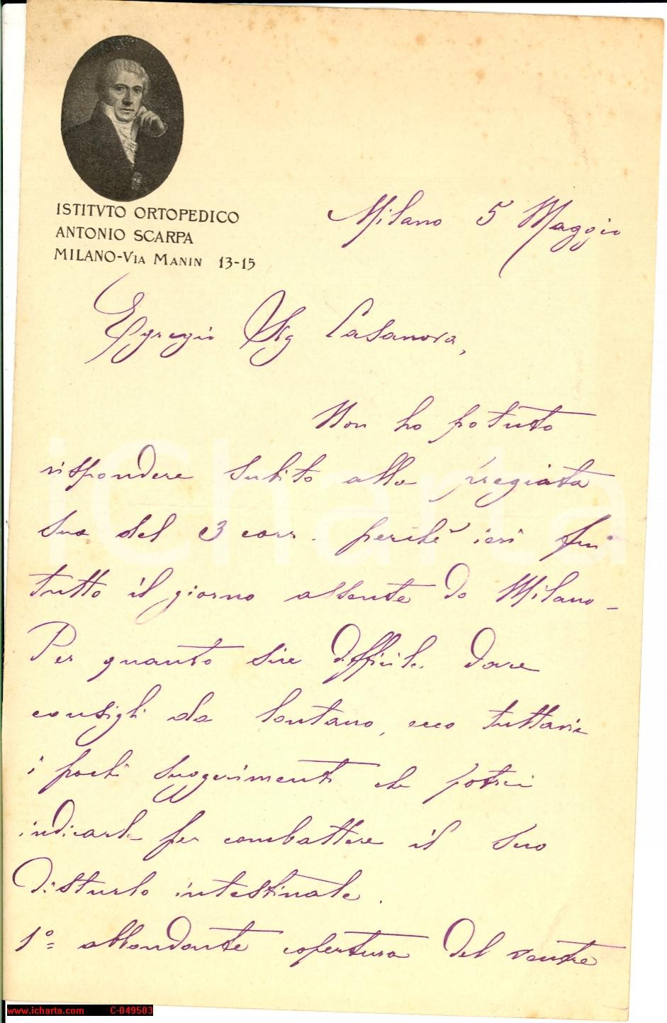 Manoscritto, lettera originale 1910 MILANO Ist. Ortopedico SCARPA consigli dr. ZUFFI 1