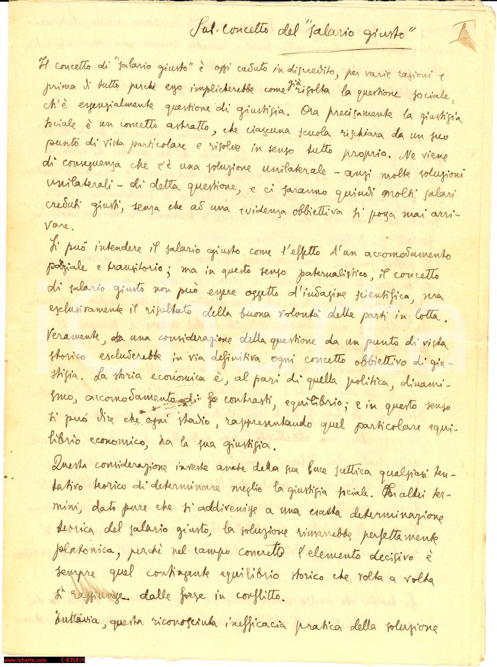 Oggetto da collezione cartaceo 1930 Paolo Ettore Santangelo salario giusto manscr 1