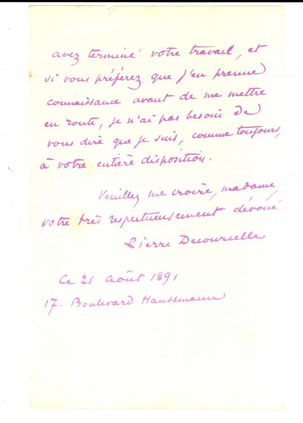 Autografo originale 1891 PARIS Pierre DECOURCELLE retarde son voyage pour COSSESSEVILLE AUTOGRAPHE 1