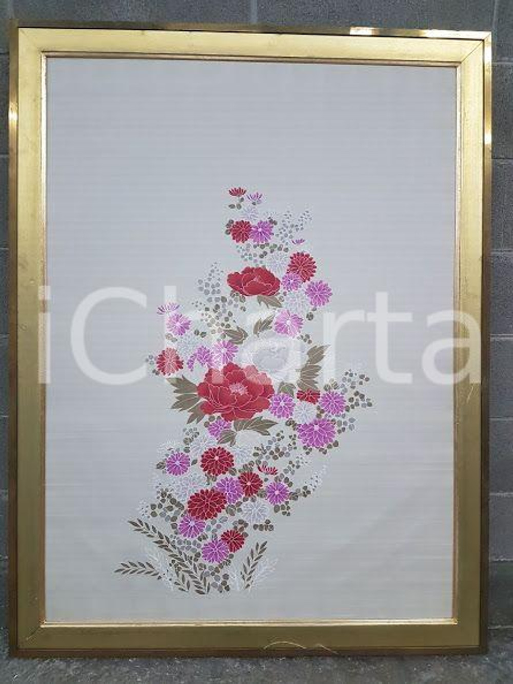 1975 CINA VINTAGE Composizione fiori rosso bianco viola - quadro 97,5 x 128 cm