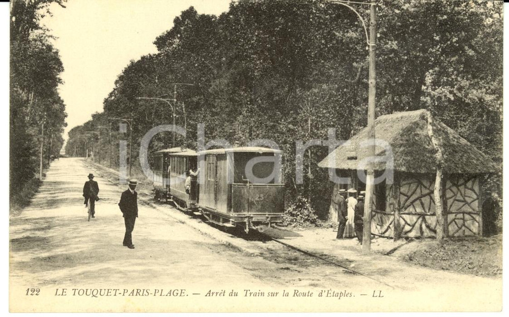 Cartolina originale da collezione 1910 ca LE TOUQUET-PARIS-PLAGE (F) Arret du train sur la route d'ETAPLES ANIMATA 1