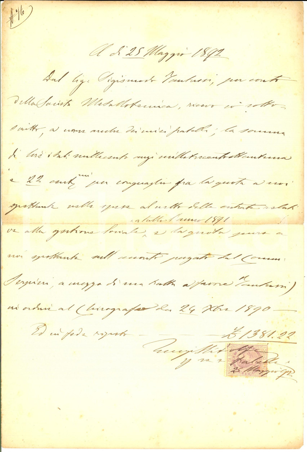 Documento originale, autentico 1892 FIRENZE Ricevuta Luigi RIDOLFI a Società METALLOTECNICA per quota sociale 1
