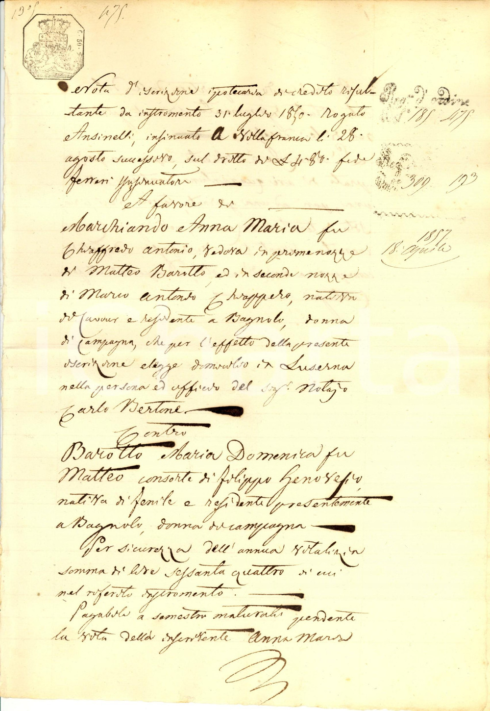 Documento originale, autentico 1857 BAGNOLO PIEMONTE Iscrizione contro Maria Domenica BAROTTO donna di campagna 1