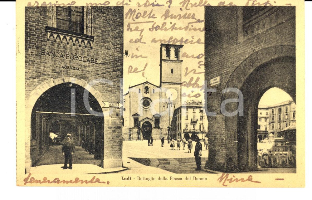 Cartolina originale da collezione 1943 LODI Piazza del Duomo *Cartolina al comm. Alberto GABBA FP VG 1